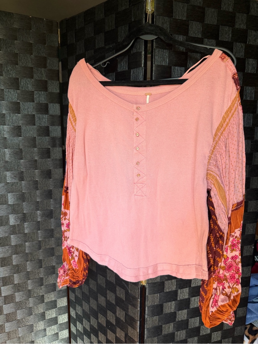 Free People Pink Boho Mixed-Sleeve Long Sleeve Top